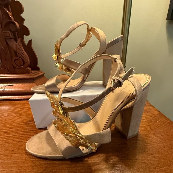 Zara Tan Satin/Suede Gold Orchid Sandals w/ 4” Block Heel Size 38/8 MSRP $198 - Picture 4 of 13